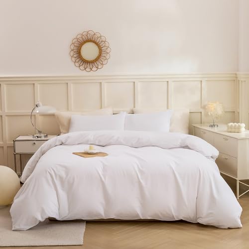 Image of ECOCOTT White Duvet Cover King Size - 100% Washed Cotton Durable Soft Comfy Duvet Cover Set, Lightweight and Breathable with Zipper Closure & Corner Ties (White, 104''x90'')
