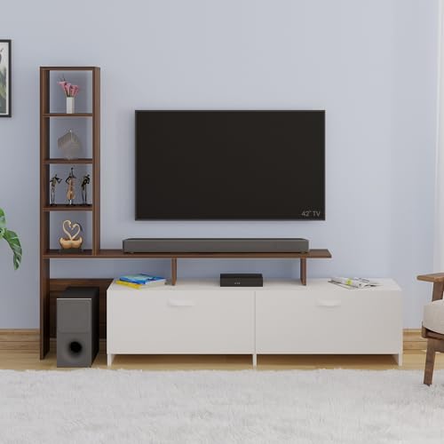 Image of BLUEWUD Amy Engineered Wood TV Entertainment Unit Set Top Box Stand /TV Cabinet Panel with Shelves for Books & Decor Display Unit Bed Living Room Upto 65 Inches - DIY (Brown Maple & White)