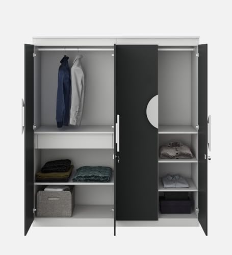 Image of Alton 4 Door Wardrobe | Engineered Wood | Slate Grey Finish | Multi-Shelf Storage with Drawers & Locker | Modern & Spacious | Knock-Down Delivery | 3-Year Warranty