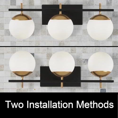 Image of Mid Century 3-Light Bathroom Vanity Light Over Mirror, Black and Gold Modern Bathroom Light Fixtures with Milky White Frosted Glass Globe Shade, Wall Sconces for Bathroom, Stairs, Kitchen