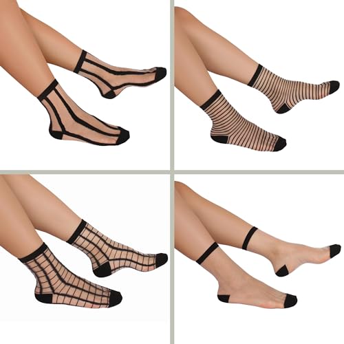 COOLUXU Sheer Socks Women, Lace Trouser Mesh Socks, Transparent Fishnet Ankle High Mid Calf Socks 6 Pairs