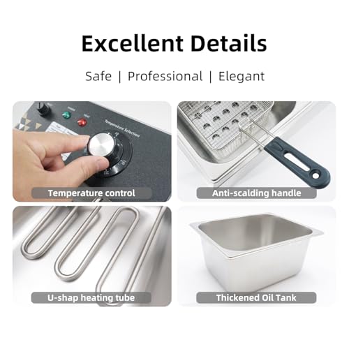 Image of Deep Fryer with Basket Stainless Steel Countertop Electric Fryer for Home and Commercial Use, Oil Fryer with Temperature Control and Double Overheat Protection (6L)