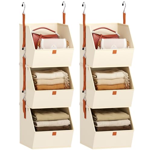 Image of Homsorout Collapsible Hanging Closet Organizer - 6 Tier Closet Shelves Storage System with Hooks, Fabric Hanging Storage Bins for Clothes, Foldable Storage Basket for Laundry, Bedroom, Rv, Beige