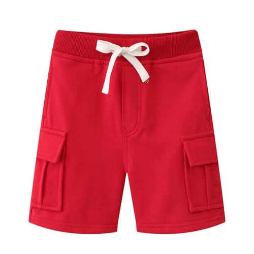 NLAND Short Enfant Garçon Eté Pantalon Court Bermuda en Coton Taille Elastique Short Poches Cargo Poids léger 6-12 Ans,Rouge XL