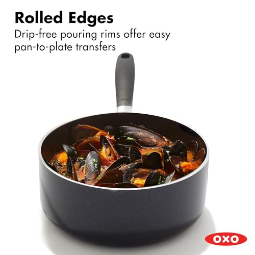 Image of OXO 1.6QT Non-Stick Every Day Sauce Pan with Glass Lid, BPA-Free Comfort Grip Silicone Handle, Dishwasher & Oven Safe, PFAS-Free Ceramic Skillets, Sauce & Soup Chef Pot, Drip-Free, Black