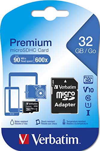 Verbatim Carte mémoire microSDHC Premium 32 Go Noire avec Adaptateur - pour Capture vidéo Full HD - résiste à l'eau & aux Chocs - Carte mémoire SD pour Appareil Photo Smartphone Tablette (Lot de 2)
