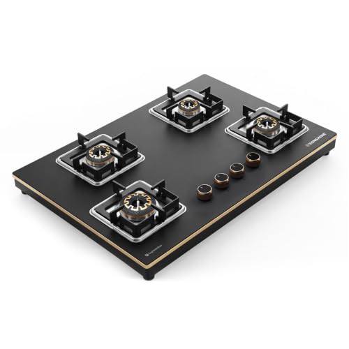 Image of Sunshine Shine Gold 4 Burner Gas Stove | Premium Glass Hob Top Cooktop | Auto Ignition | 10D Brass Burners | LPG & PNG Compatible | Golden Finish | 10 Year Glass & Burner Warranty | Black