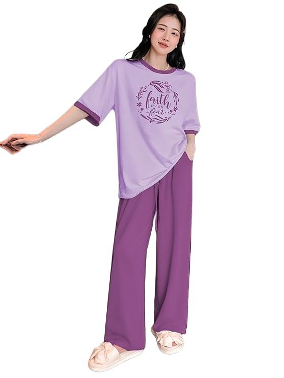 Image of KSHS Printed Round Neck Short Sleeve Nightsuit Set | Pajama Set | Casual Night Dress for Women