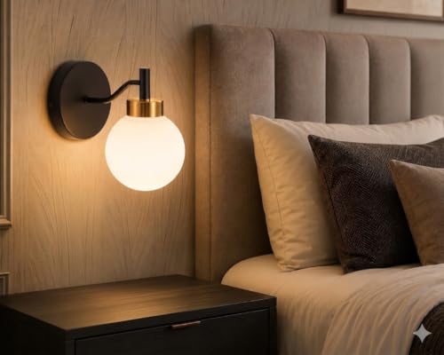 Image of SINOMAN Classic Gold Metal Wall Light with Glass Shade Modern Decorative Wall Sconce for Living Room, Bedroom, Hallway, or Interior Accent Lighting (with Bulb)