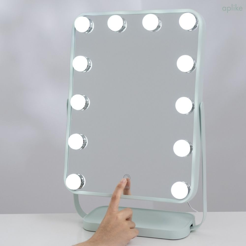 Aplike - Specchio da trucco con luce, specchio da toeletta Hollywood Studio con luce LED regolabile, controllo tattile, rotazione di 360°, basso consumo (acquamarina)