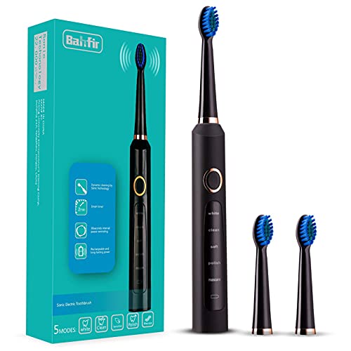 Bahfir Sonic Electric Toothbrush Ultra Cleaning Rechargeable 1 Time Charging 30 Days Use 5 Modes Power Toothbrush Waterproof 3 Brush Heads with Smart Timer for Adults and Kids, Black