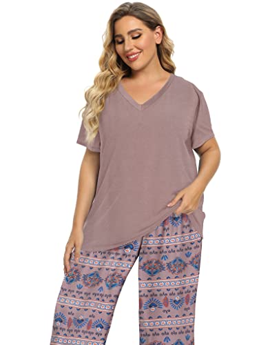 Image of Vozanet Women's V Neck Sexy Pajamas Capri Sets Mexican Style Floral Sleepwear 2PCS Totem Casual Nighty Plus Size M to 5XL