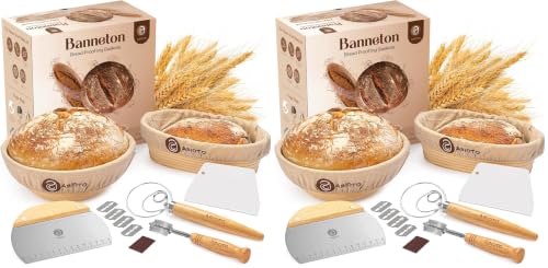 Image of ABIOTO Sourdough Bread Baking Kit - 14-Piece Set with 9 inch Round & 10 inch Oval Rattan Banneton Proofing Baskets, Liners, Bread Lame, Danish Whisk & Scrapers for Home Bakers (Pack of 2)