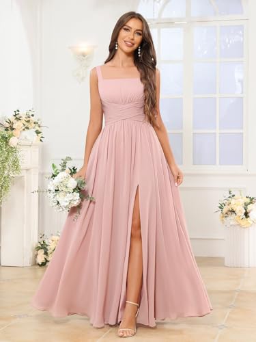 Women's Square Neck Chiffon Bridesmaid Dresses with Pockets Pleated A Line Formal Evening Dresses with Slit2