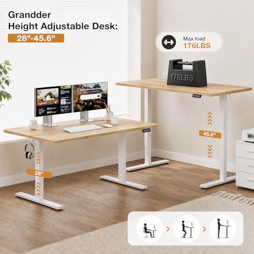 Image of Grandder 47x32 Large Electric Standing Desk, Height Adjustable Computer Desk with 2 Memory Presets, 31.5 inch Deep Desktop Sit Stand Desk Home Office Desk Workstation Table with Hooks, Oak