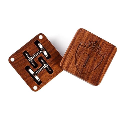 Image of Mens Initial Silver Cufflinks A-Z Alphabet Letter Steel Cuff Links with Engraved Walnut Wood Box Groom Groomsman Wedding Set