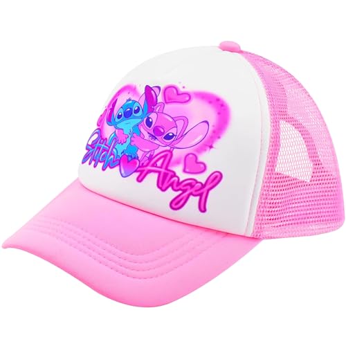 Image of Disney Stitch and Angel Trucker Hat, Adult Baseball Cap with Curved Brim, Pink, One Size