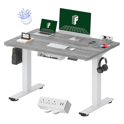 Image of FLEXISPOT EN2 Whole-Piece Standing Desk with Clamp Power Strip, 48 x 30 Electric Stand Up Height Adjustable Desk with Cable Management (White Frame + 48 inch Gray Wood Grain, 2 Packages)