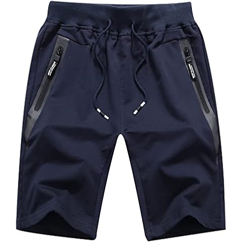 Rosiika Big Boy's Youth Casual Shorts Summer Cotton Elastic Waist Shorts with Zipper Pockets, Dark Navy, 10 Cover
