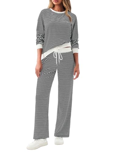 Tankaneo Conjunto deportivo de 2 piezas para mujer, sudadera de manga larga a rayas, pantalones de pierna ancha, conjunto de chándal, Negro, M