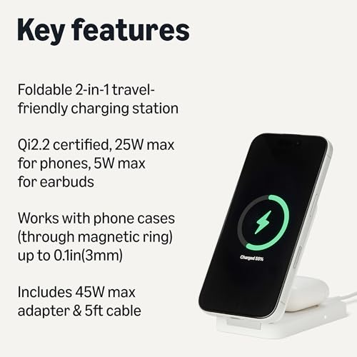 Amazon Basics MagSafe Compatible Wireless Charging Station, 25W Max. Fast Charging Qi2.2 Certified 2-in-1 Charger, Foldable Stand for iPhone 17/16/15/14/13/12 & AirPods, with 45W Max. Adapter, White view 2