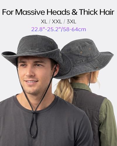 Image of Zylioo XXL Boonie Sun Hat for Big Heads, Washed Wide Floppy Brim Hiking Hat with Chin Strap, Cooling Safari Fishing Hat