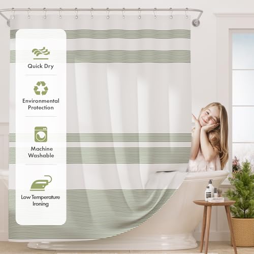 Image of AmazerBath Shower Curtain, Washable Cloth Sage Green with 12 Shower Curtain Hooks, Fabric Green and White Striped Set, Farmhouse Bathroom Shower Curtain, 72x72 Inches