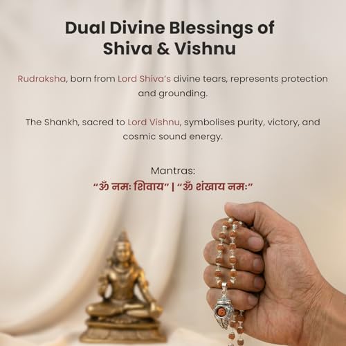 Image of Astrotalk Divya Shankh Rudraksha Mala | Nepal Origin 5 Mukhi Rudraksha Mala with Shankh Pendant for Protection, Peace & Spiritual Growth | Mala Gift for Man & Woman