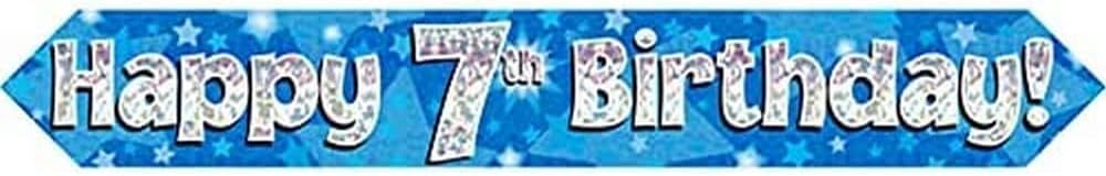 9ft Banner Happy 7th Birthday Blue holographic