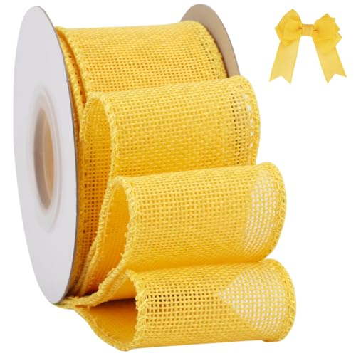 Tekdeere Burlap Ribbon 2 Inch x 10 Yard, Yellow Wired Ribbon for Crafts, Gift Wrapping, Wreaths, Bows, Tree Decoration and Outdoor Decoration