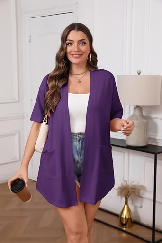 Image of IN'VOLAND Women Plus Size Lightweight Cardigan Short Sleeve Open Front Casual Summer Kimonos Cardigans with Pockets