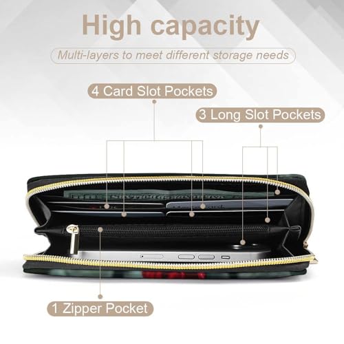 Red Rose Print Long Wallet for Women Men PU Leather Card Holder Organizer with Zipper Coin Pocket & Cash Slots4