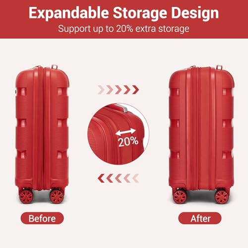Image of Kono Carry On Luggage 20 Inch Expandable 22x14x9 Airline Approved Hard Shell Travel Trolley 4 Spinner Wheels Lightweight Polypropylene Suitcase with TSA Lock, Red