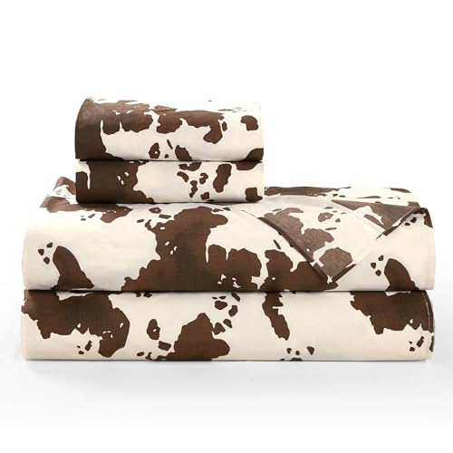 Image of Paseo Road Elsa 4 Piece King Cream Brown Cow Print Cotton Sheet Set