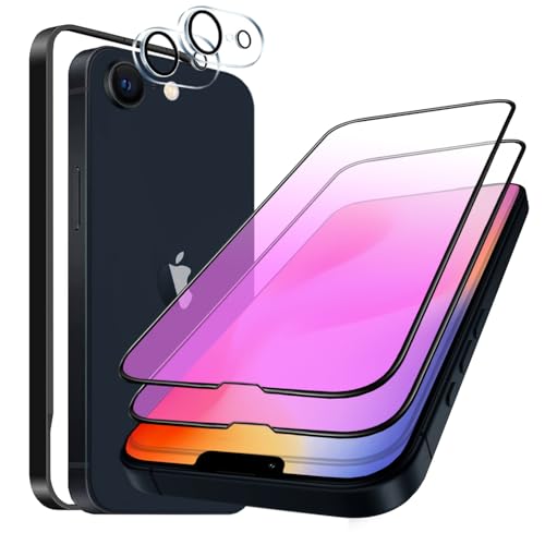 【4枚入り】ガラスフィルム iPhone 16E 用 ブルーライトカット 全面保護 目の疲れを軽減 液晶保護フィルム 6.1インチ対応 気泡ゼロ 指紋防止 ガイド枠付き 貼り付け簡単 【アイフォン16e強化ガラスフィルム(2枚入り)+レンズ保護フィルム (