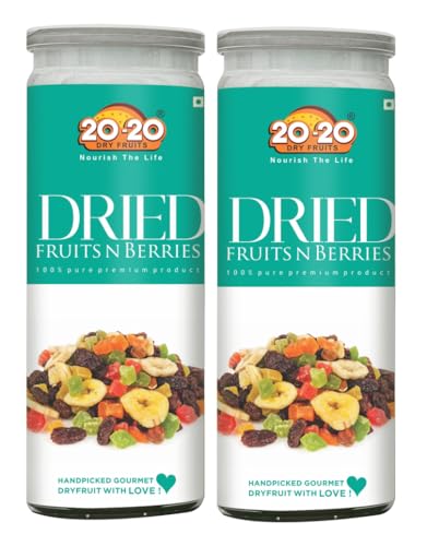 Image of 20-20 Dry Fruits Organic Dried Fruits N Berries Jar-Cranberries, Strawberry, Kiwi, Mango, Papaya 400g (200g*2)| 100% Natural, No Added Sugar or Preservatives | Superfood Snack Blend for Kids and Adults (Pack of 2)