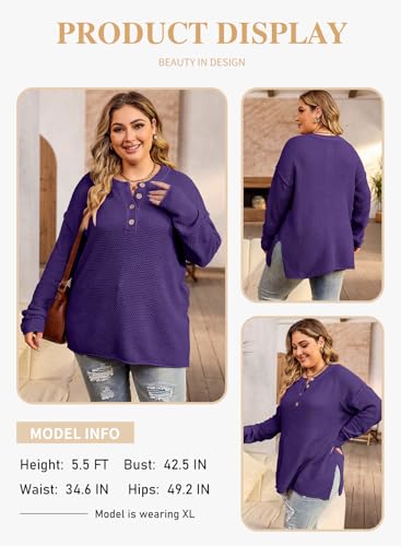 Image of Eytino Womens Plus Size Sweaters Casual Long Sleeve Loose V Neck Button Henley Tops Pullover Knit Jumpers,(1X-5X)