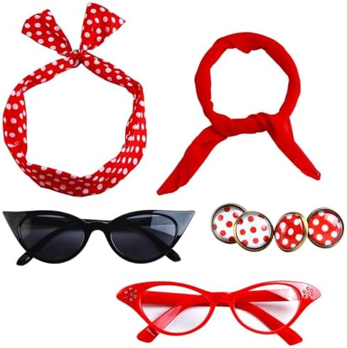 Aneco 6 Pack 50s Set Chiffon Scarf Cat Eye Glasses Bandana Tie He...