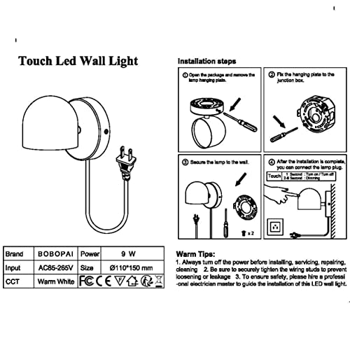 9W Led Indoor Plug-In Wall Light, Touch Control Wall Sconce Dimmable, 350° Rotatable Bedside Lamp, 3000K Warm White Adjustable Reading Light For Living Room, Bedroom, Stairs, Corridor, Office,Black #TOP7