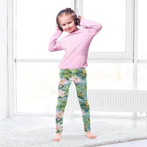 Boccsty Lotus Flowers Summer Watercolor Green Frogs Girls Leggings Kids Yoga Pants Dance Active Tights 4T4