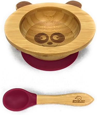 Echelon Organic Bamboo Bowl Gift Set Baby Animal Shape with Stay Put No Spill Suction Base and Spoon (PANDA) (Magenta)