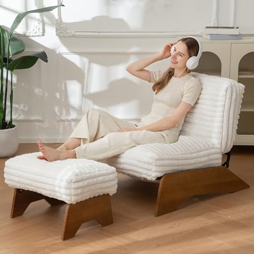 MAXYOYO Modern Adjustable Accent Chair with Ottoman, Upholstered Living Room Chair with Footrest Set, Soft Reclining Lounge for Bedroom, Apartment, Office, Beige