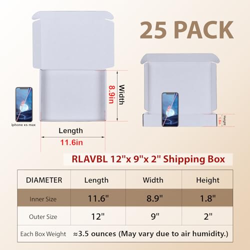 Image of RLAVBL 12x9x2 Shipping Boxes Set of 25, White Corrugated Cardboard Mailer Box for Packing Small Business