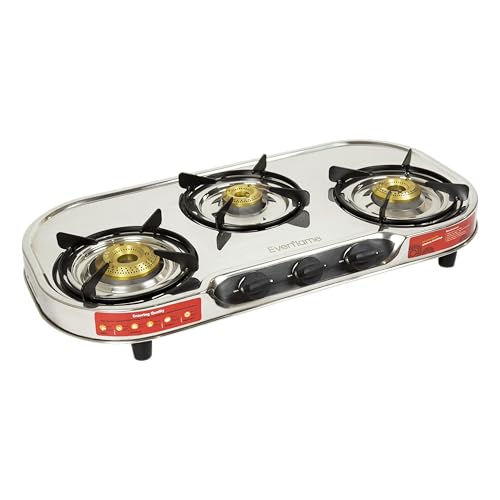Image of Everflame Swift VT3 3 Burner Gas Stove | Stainless Steel Body | Tri-Pin Brass Burners | Gas Saver Technology | Manual Ignition | Ergonomic Knobs | 360 Brass Nozzle | 2 Years Manufacturer Warranty