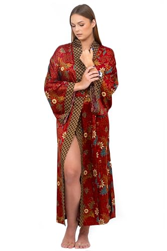 Luxury Batik Silk Blend Robe for Women – Long Kimono with Floral Print – Soft, Lightweight, Machine Washable