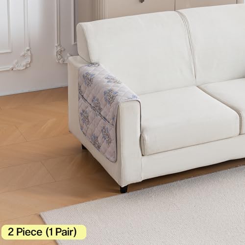 Image of House of Quirk 'Mughal Series' Printed Quilted Sofa Cover for 1 /2 /3 /4 Seater - Anti-Slip, Washable Couch Protector Slipcover (2 pcs Armrest, Beige Wildflower, 80x60 cm)
