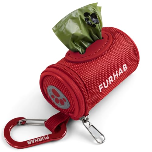 Image of FURHAB Dog Poop Bag Holder for Leash Doggie Waste Bag Dispenser Soft Fabric Puppy Potty Carrier Small Doggy Zipper Pouch with Carabiner Clip 1680D Nylon Oxford with 1 Roll of Pet Trash Bags, Red