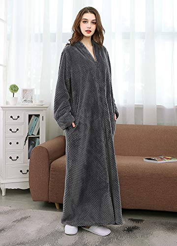 Hellomamma Women's Zip Front Bathrobe Soft Warm Long Fleece Plush Robe Plus Size Full Length Housecoat Sleepwear Dressing Gown