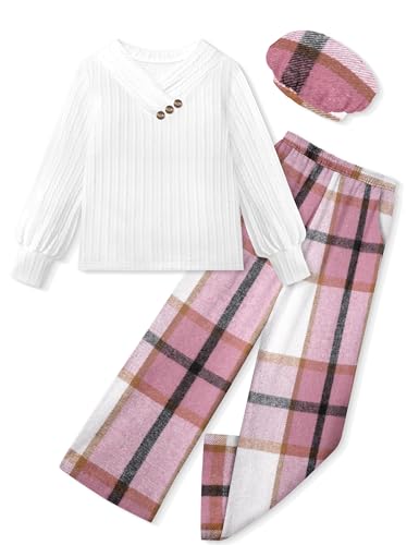 AGAPENG Girls Clothes Size 7 8 Girls Outfits Fashion Jacquard Puff Long Sleeve V Neck Button White Tops Pink Purple Plaid Wide Leg Pants with Beret Vintage 3 Piece Fall Winter Set