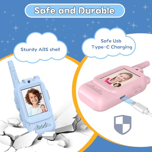 Image of Walkie Talkies for Kids Pack of 2, Rechargeable Long Range Two Way Radios Toys for Boys Girls Age 3-5, Outdoor Adventure Camping Hiking, Birthday with Pink Blue Design